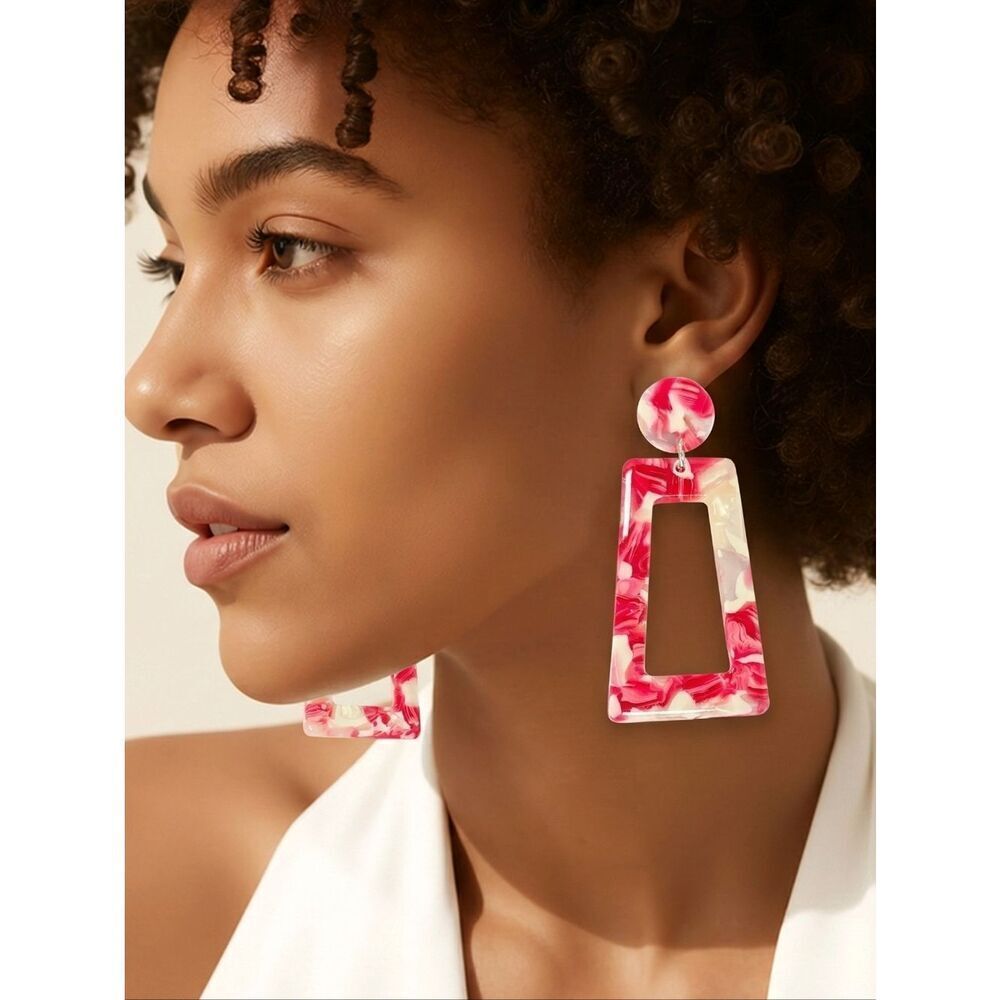 Hot Pink Marble Earrings Geometric Acrylic Dangle Trapezoid Statement Artsy Y2K